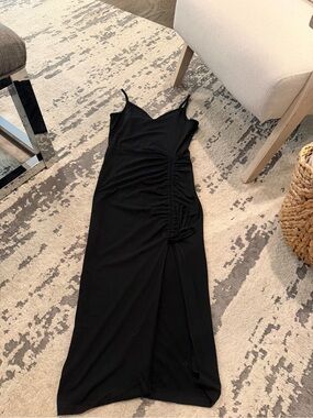 SHEIN Black Ruched Side-Tie Midi Slip Dress